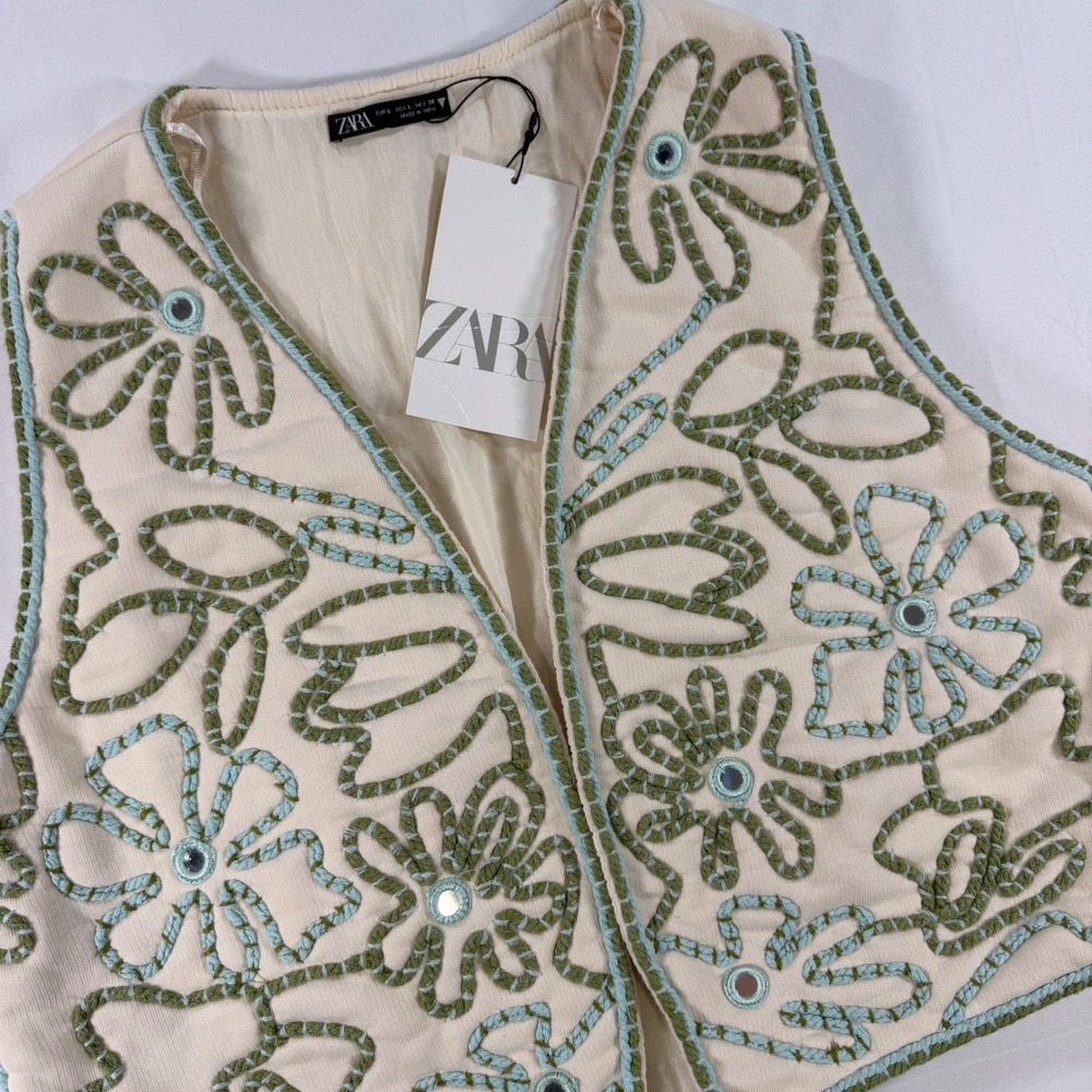Zara Ecru Women Embroidered Floral Mirror Vest Cream Green Blue Cotton NWT Large